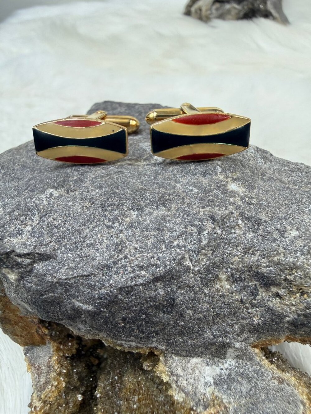 Vintage Red, Blue & Beige Enamel Gold Tone Cuff Links .75" X .25"